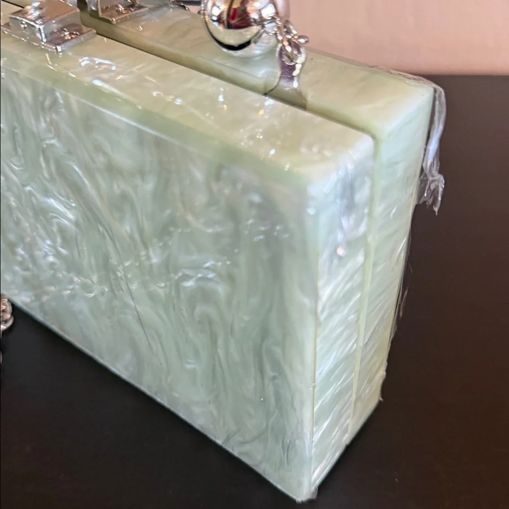 ASOS DESIGN marble resin clutch/ crossbody silver tone beaded handle Mint NEW